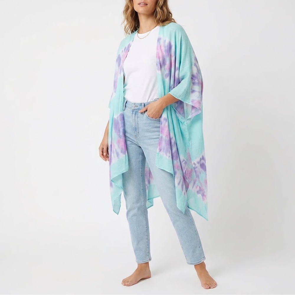 Top It Off Colette Kimono Mint Tie Dye Viscose Open Front Wrap OS
